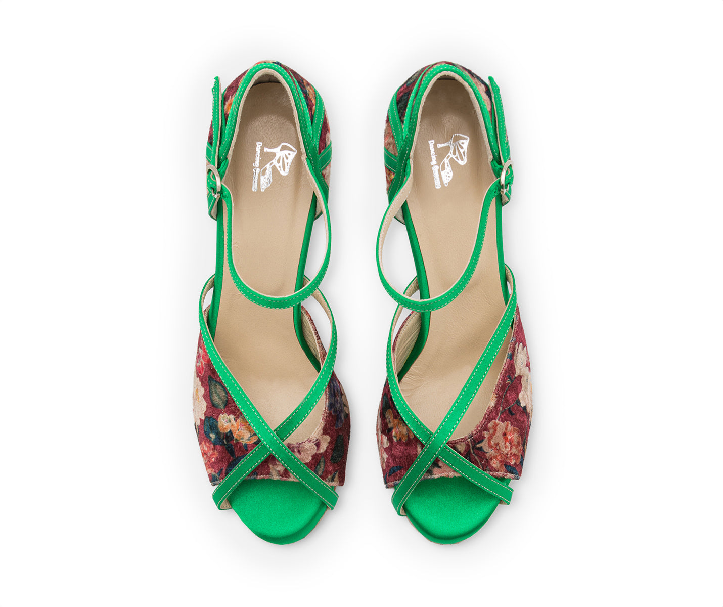Grüne NAOS Tanzschuhe mit Blumenmuster von Dancing Queens von oben gesehen.